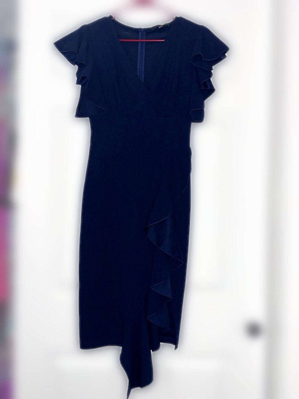 Knitee Navy Ruffle Wrap Cocktail - Picture 2 of 5